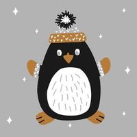 pingouin mignon de noël dans un bonnet tricoté et des mitaines sur fond blanc avec des flocons de neige dans un style scandinave dessiné à la main. illustration vectorielle, objet simple. convient pour une carte de vœux ou une bannière vecteur