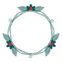 couronne de cadre de noël avec des plantes d'hiver dans le style plat moderne. illustrations vectorielles de stock avec des éléments botaniques de vacances - pin, cône, branche, baie en rouge, vert. vecteur