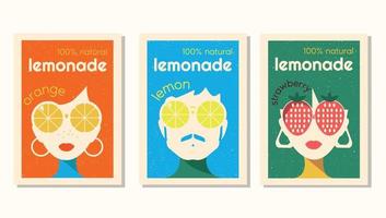 étiquette vectorielle définie pour la limonade dans un style rétro. conception d'étiquettes pour la limonade à la fraise, au citron et à l'orange avec des personnages portant de grands verres dans le style des années 70. vecteur