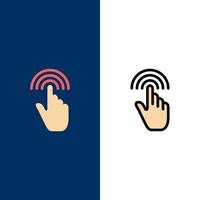 gestes des doigts interface de la main icônes du robinet plat et ligne remplie icône ensemble vecteur fond bleu
