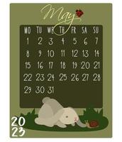 calendrier pour le mois avec des lapins pour 2023. lapin en mai. mois calendaire pour l'impression sur papier et textile. bannière, dépliant, carte postale. vecteur