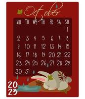 calendrier du mois avec des lapins pour 2023. lapin en octobre. mois calendaire pour l'impression sur papier et textile. bannière, dépliant, carte postale. vecteur