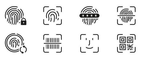 icône de la ligne d'identification biométrique. pictogramme de vérification des empreintes digitales. protection et changement de mot de passe. code qr et symbole de contour de lecture de code à barres. illustration vectorielle isolée. vecteur