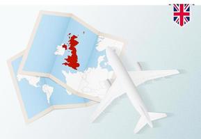 voyage au royaume-uni, avion vue de dessus avec carte et drapeau du royaume-uni. vecteur