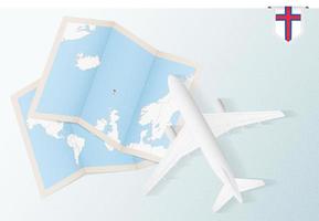 voyagez vers les îles féroé, avion vue de dessus avec carte et drapeau des îles féroé. vecteur