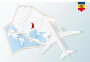 voyage en moldavie, avion vue de dessus avec carte et drapeau de la moldavie. vecteur