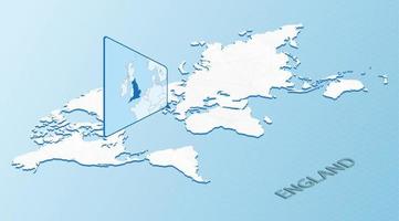 carte du monde en style isométrique avec carte détaillée de l'angleterre. carte de l'angleterre bleu clair avec carte du monde abstraite. vecteur
