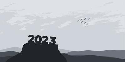 bonne année 2023 avec de grandes lettres de silhouette sur la montagne avec un beau coucher de soleil pour le concept de réussite. notion de nouvel an vecteur