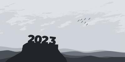 bonne année 2023 avec de grandes lettres de silhouette sur la montagne avec un beau coucher de soleil pour le concept de réussite. notion de nouvel an vecteur