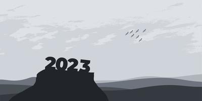 bonne année 2023 avec de grandes lettres de silhouette sur la montagne avec un beau coucher de soleil pour le concept de réussite. notion de nouvel an vecteur