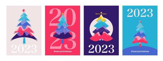 nouvel an géométrique et carte de noël avec collection d'arbres de noël colorés vecteur