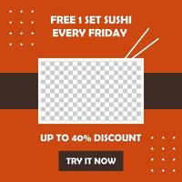 modèle de publication de sushi gratuit pour les médias sociaux. bannière publicitaire orange carrée vecteur