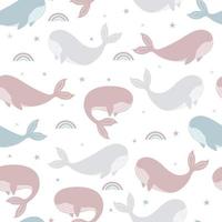 Image vectorielle motif plat simple répétitif sans couture enfantin de couleur avec des baleines sur fond blanc. mignons bébés animaux. modèle pour les enfants avec des baleines. vecteur
