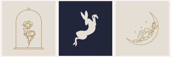 symboles de logo de modèle linéaire avec silhouette lièvre, lune et fleur sur fond nu vecteur