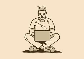 illustration vintage de l'homme est assis et tient un ordinateur portable vecteur