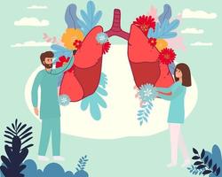 illustration vectorielle de pneumologie. concept de personnes de soins de santé de poumons plats minuscules. examen et traitement abstraits du système respiratoire. contrôle d'inspection des organes internes pour la maladie, la maladie ou les problèmes. vecteur