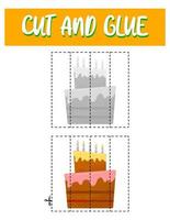 couper et coller le gâteau. jeu éducatif pour enfants, feuille de travail imprimable.puzzles avec de la nourriture. vecteur