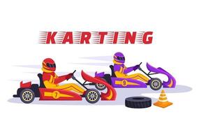 sport de karting avec jeu de course kart ou mini voiture sur une petite piste de circuit en illustration de modèle dessiné à la main de dessin animé plat