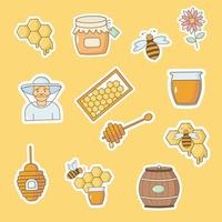 collection d'autocollants miel. abeille, pot de miel, ruche, nid d'abeille. vecteur