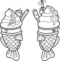 taiyaki deux doodle. mignon poisson farci sucré asiatique avec de la glace. illustration vectorielle de dessin animé blanc et noir. vecteur