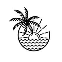 océan vague île tropicale et palmier logo dessin au trait illustration vectorielle vecteur