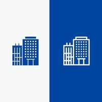 bâtiment de l'hôtel ligne de service à domicile et bannière bleue icône solide glyphe vecteur