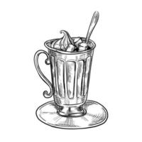 chocolat chaud dans une tasse avec de la crème fouettée. gros verre. illustration vectorielle de croquis dessinés à la main décoratifs. vecteur