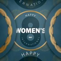 carte de vacances 8 mars journée internationale de la femme en bleu avec des ornements en or de luxe vecteur
