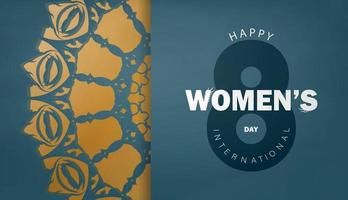 modèle de carte de voeux pour la journée internationale de la femme en couleur bleue avec ornement en or vintage vecteur