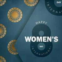 carte de vacances 8 mars journée internationale de la femme en bleu avec ornement en or vintage vecteur