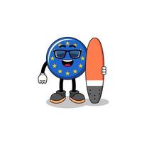 caricature de mascotte du drapeau de l'europe en tant que surfeur vecteur