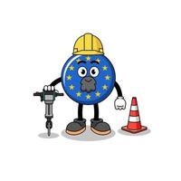 caricature de personnage du drapeau de l'europe travaillant sur la construction de routes vecteur