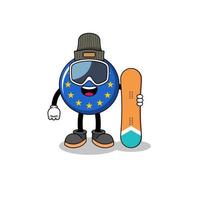 mascotte, dessin animé, de, drapeau europe, snowboarder, joueur vecteur