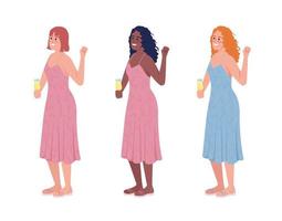 demoiselles d'honneur avec jeu de caractères vectoriels de couleur semi-plat en verre de vin mousseux vecteur