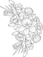 jonquilles dessinées à la main, bouquet de fleurs de narcisse illustration de croquis de vecteur collection de branche de feuille botanique d'art d'encre gravée isolée sur fond blanc coloriage et livres.