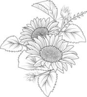 illustration vectorielle de beau bouquet de fleurs de soleil, livre de coloriage dessiné à la main de narcisse artistique, fleurs de fleurs isolé sur fond blanc, collection botanique de branche de feuille d'art croquis pour adultes. vecteur