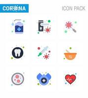 9 ensemble de couleurs plates d'icônes épidémiques de virus corona telles que l'interface de virus de bactéries dentaires médicales coronavirus viral 2019nov éléments de conception de vecteur de maladie
