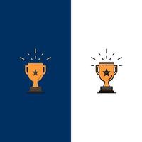 trophée réalisation prix affaires gagnant gagnant icônes plat et ligne remplie icône ensemble vecteur fond bleu