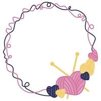 cadre vectoriel en fil sous forme de coeurs avec des aiguilles à tricoter. fils à tricoter, aiguilles à tricoter. cadre multicolore dans un style plat.