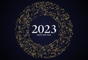 2023 bonne année de motif de paillettes d'or sous forme de cercle. fond pointillé de demi-teinte rougeoyant abstrait or pour carte de voeux de vacances de noël sur fond sombre. illustration vectorielle vecteur