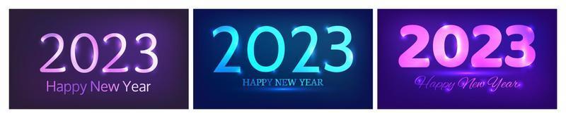 Bonne année 2023 fond néon. ensemble de trois toiles de fond abstraites au néon avec des lumières pour la carte de voeux, les dépliants ou les affiches de vacances de noël. illustration vectorielle vecteur