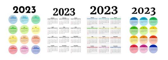 ensemble de quatre calendriers verticaux pour 2023 isolés sur fond blanc. du dimanche au lundi, modèle d'entreprise. illustration vectorielle vecteur