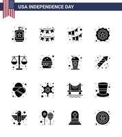 pack de glyphes solides de 16 symboles de la fête de l'indépendance des états-unis d'échelle vecteur