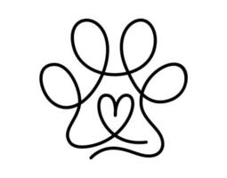 coeur avec patte de chat ou de chien empreinte de chat dans le logo de dessin continu d'une ligne. dessin au trait minimal. animal de coeur. concept d'amour pour animaux de compagnie monoline vecteur