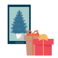 choisissez un cadeau pour les vacances dans la boutique en ligne à l'aide d'un smartphone. vecteur. vecteur