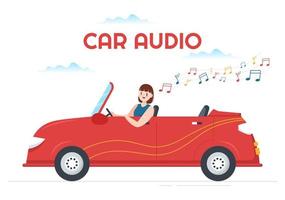 conduire une voiture en écoutant de la musique avec des haut-parleurs ou un système audio dans une affiche de dessin animé plat illustration de modèles dessinés à la main vecteur