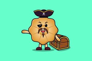 pirate de biscuits de dessin animé mignon avec boîte au trésor vecteur