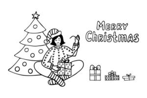 doodle illustration girl ouvre le cadeau de noël. illustration vectorielle vecteur