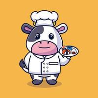 vecteur vache chef mascotte logo dessin animé mignon créatif kawaii. illustration d'animal mignon transportant de la nourriture de sushi