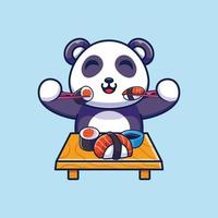 panda mignon mangeant des sushis avec illustration d'icône de dessin animé de baguettes vecteur